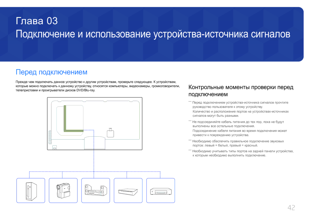 Samsung LH55UECPLGC/EN manual Перед подключением, Контрольные моменты проверки перед подключением 