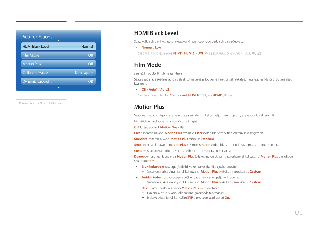 Samsung LH55UECPLGC/EN manual 105, Hdmi Black Level, Film Mode, Motion Plus 