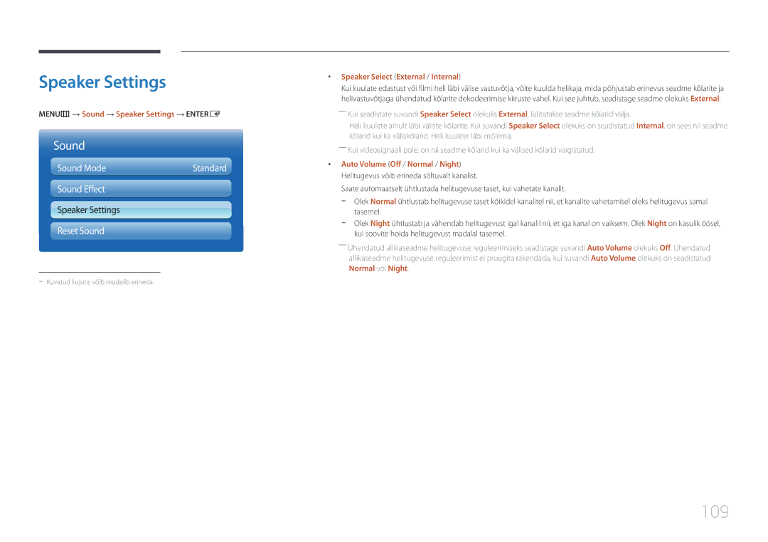 Samsung LH55UECPLGC/EN manual 109, MENUm → Sound → Speaker Settings → Entere, Speaker Select External / Internal 