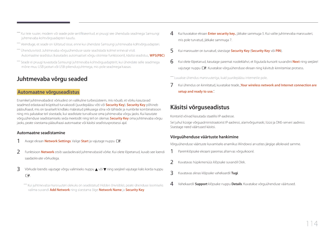 Samsung LH55UECPLGC/EN manual 114, Juhtmevaba võrgu seaded, Käsitsi võrguseadistus, Automaatne võrguseadistus 