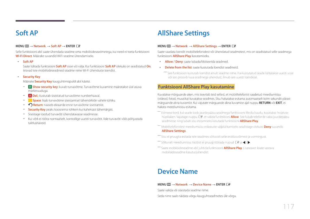Samsung LH55UECPLGC/EN manual Soft AP, Device Name, 117, Funktsiooni AllShare Play kasutamine 
