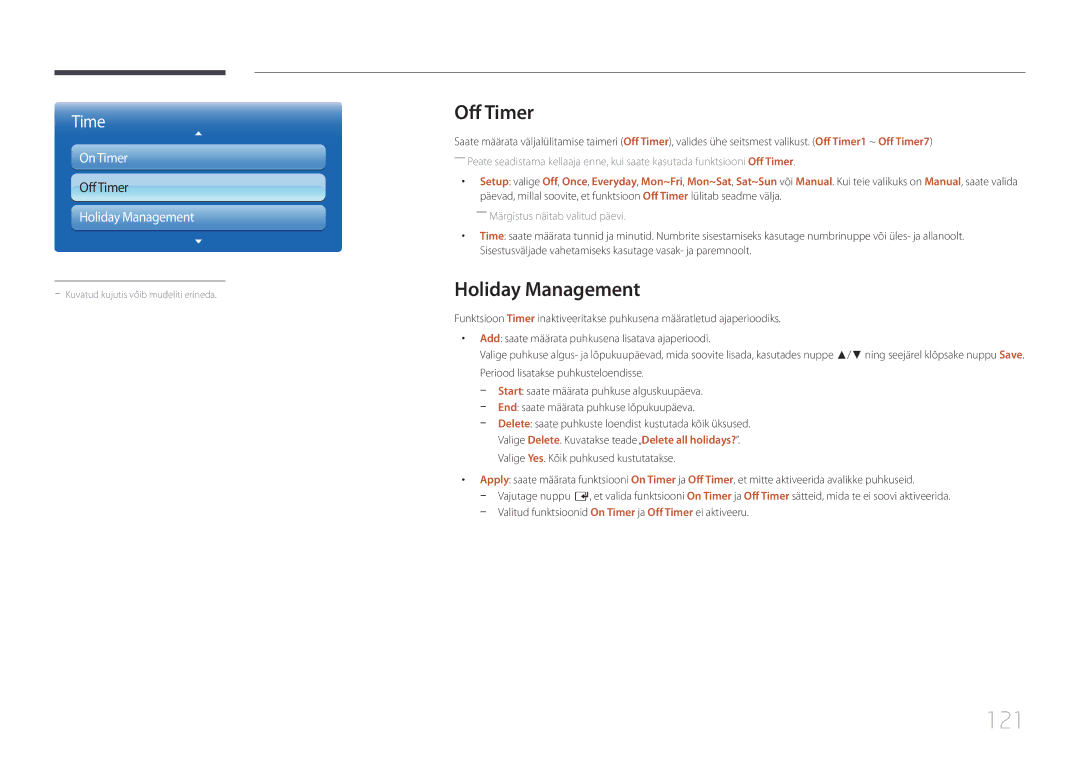 Samsung LH55UECPLGC/EN manual 121, Off Timer, Holiday Management 