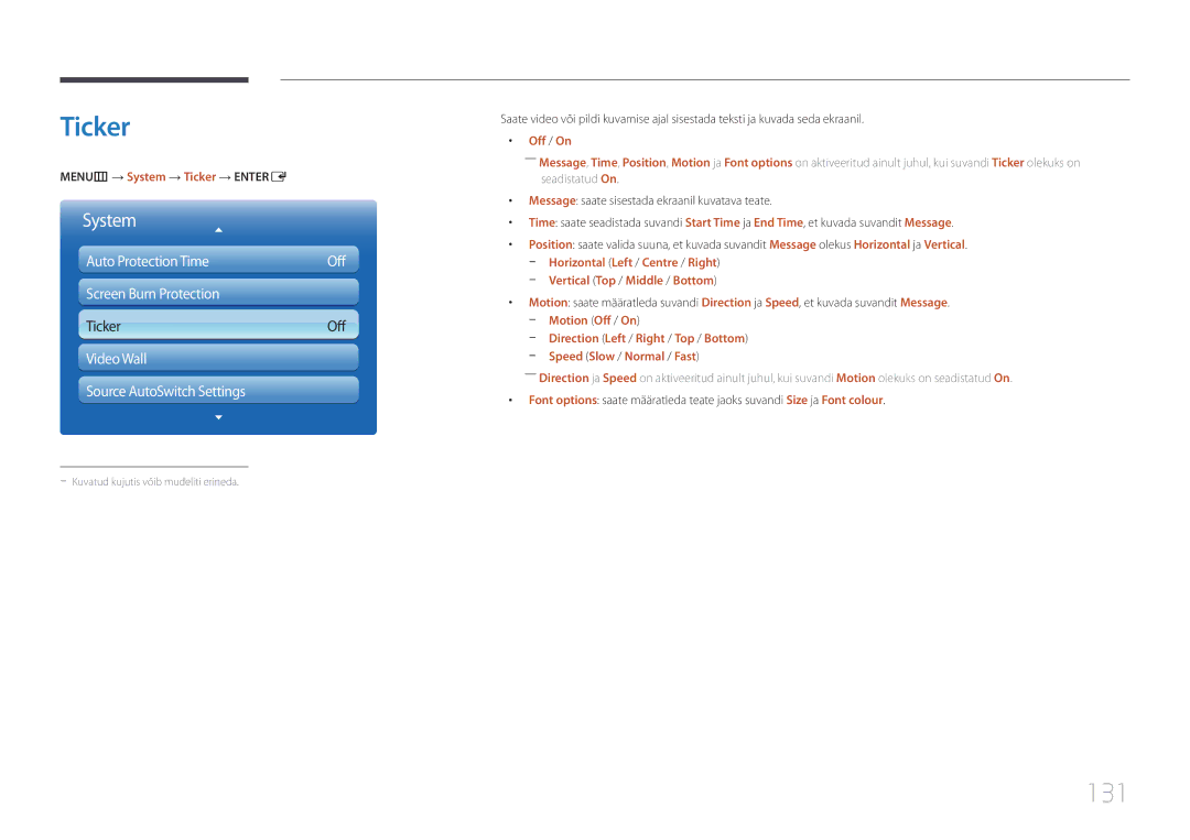 Samsung LH55UECPLGC/EN manual 131, MENUm → System → Ticker → Entere, Vertical Top / Middle / Bottom 