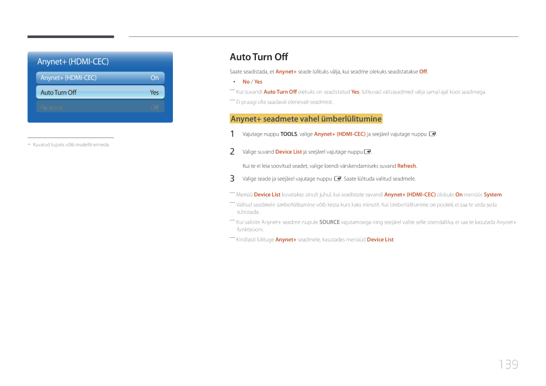 Samsung LH55UECPLGC/EN manual 139, Auto Turn Off, Anynet+ seadmete vahel ümberlülitumine, No / Yes 