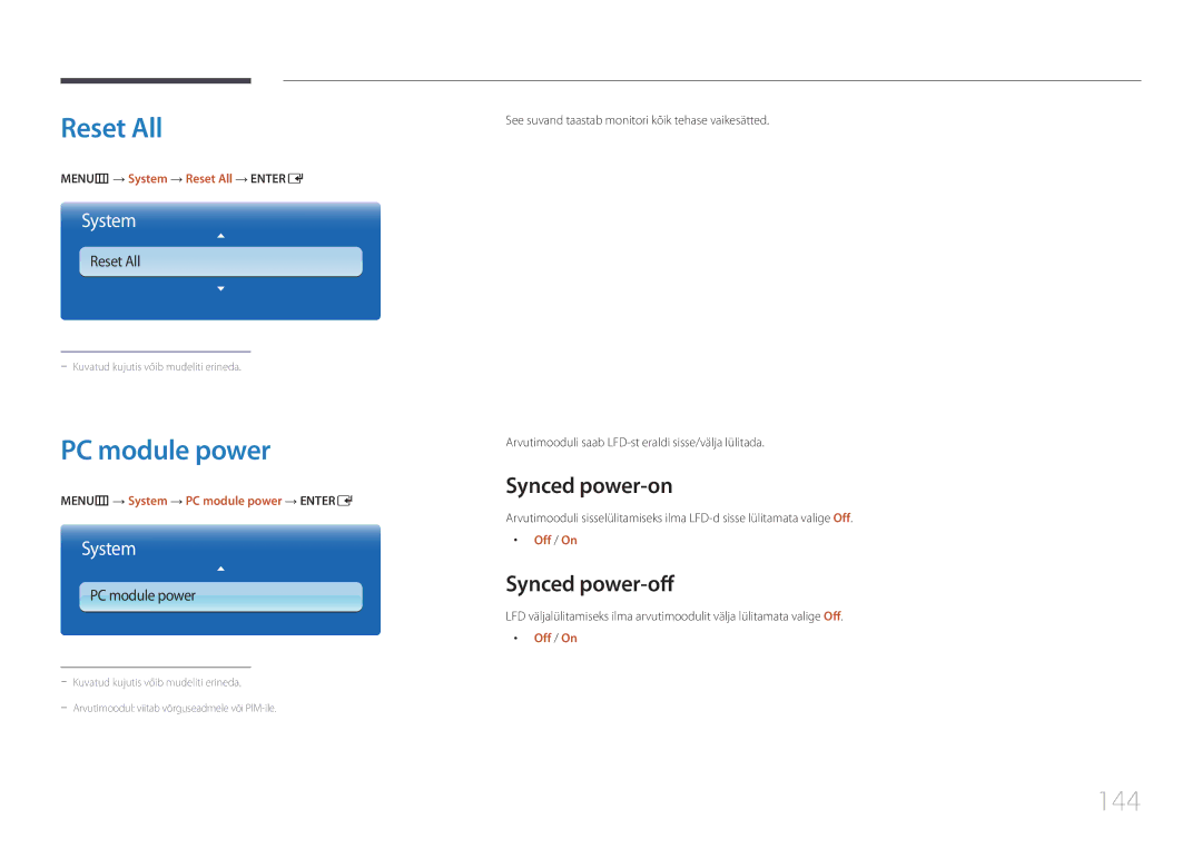 Samsung LH55UECPLGC/EN manual Reset All, PC module power, 144, Synced power-on, Synced power-off 