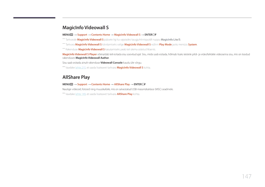Samsung LH55UECPLGC/EN manual 147, MagicInfo Videowall S, MENUm → Support → Contents Home → AllShare Play → Entere 