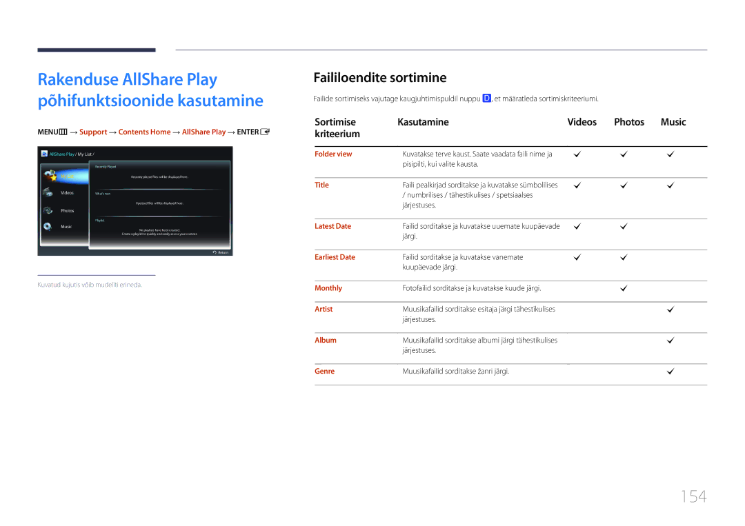 Samsung LH55UECPLGC/EN manual 154, Faililoendite sortimine, Sortimise Kasutamine Videos Photos Music Kriteerium 