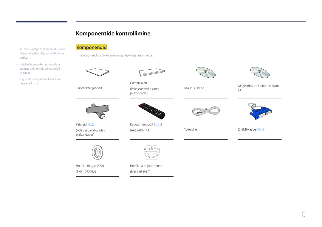 Samsung LH55UECPLGC/EN manual Komponentide kontrollimine, Komponendid 