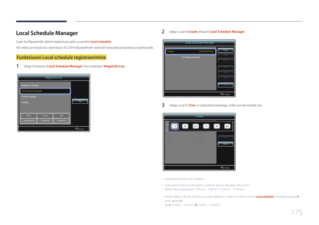 Samsung LH55UECPLGC/EN manual 175, Local Schedule Manager, Funktsiooni Local schedule registreerimine 