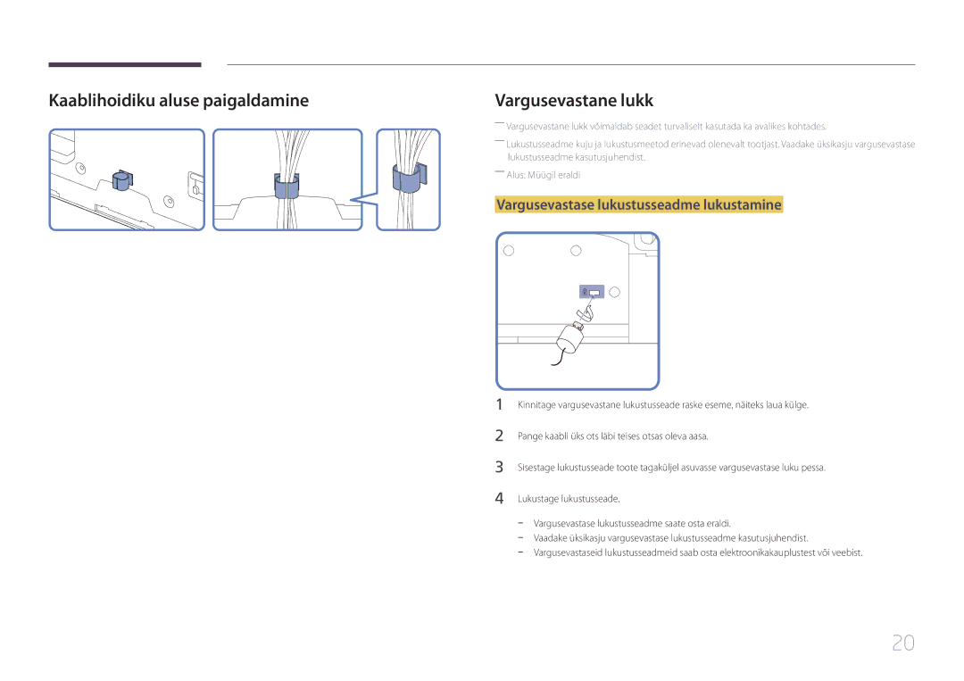 Samsung LH55UECPLGC/EN manual Kaablihoidiku aluse paigaldamine, Vargusevastase lukustusseadme lukustamine 