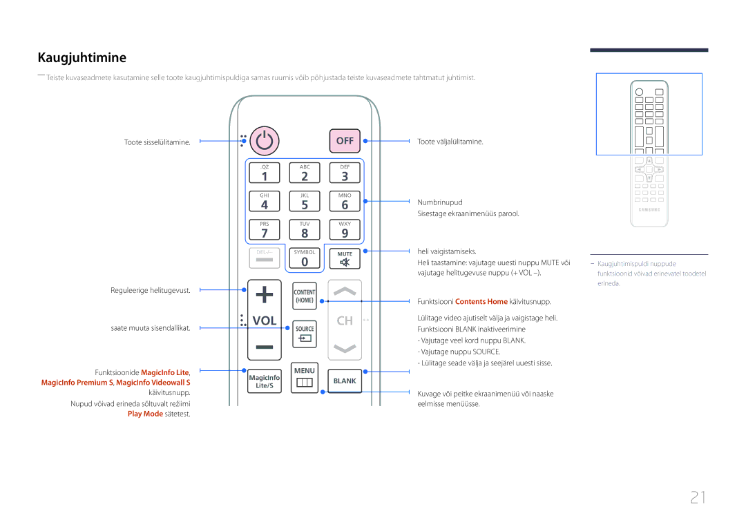 Samsung LH55UECPLGC/EN manual Kaugjuhtimine, Käivitusnupp, Funktsiooni Contents Home käivitusnupp 