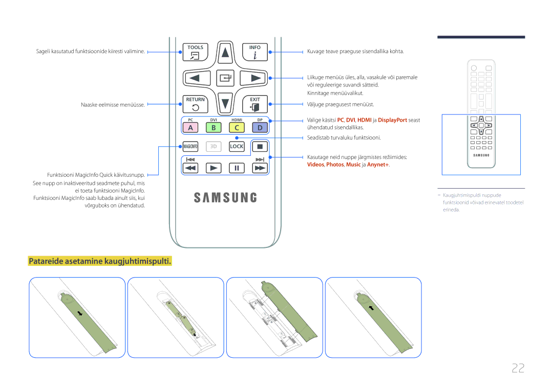 Samsung LH55UECPLGC/EN manual Patareide asetamine kaugjuhtimispulti, Sageli kasutatud funktsioonide kiiresti valimine 