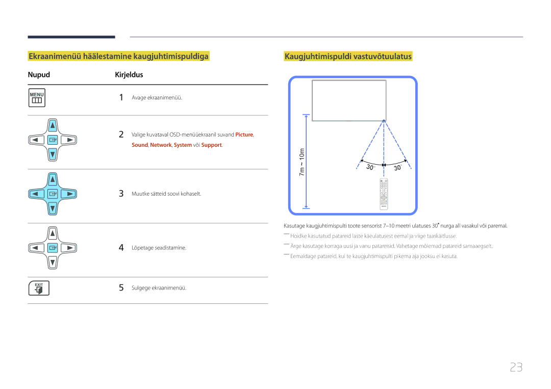 Samsung LH55UECPLGC/EN manual Ekraanimenüü häälestamine kaugjuhtimispuldiga, Kaugjuhtimispuldi vastuvõtuulatus 