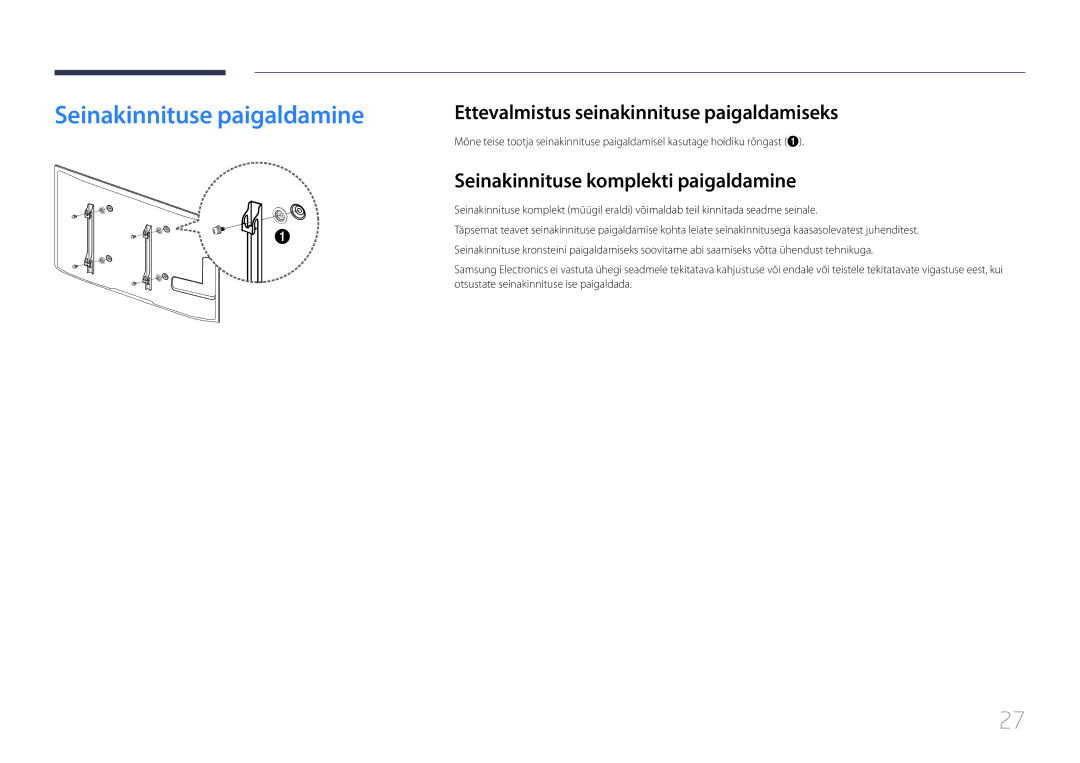 Samsung LH55UECPLGC/EN manual Seinakinnituse paigaldamine, Ettevalmistus seinakinnituse paigaldamiseks 