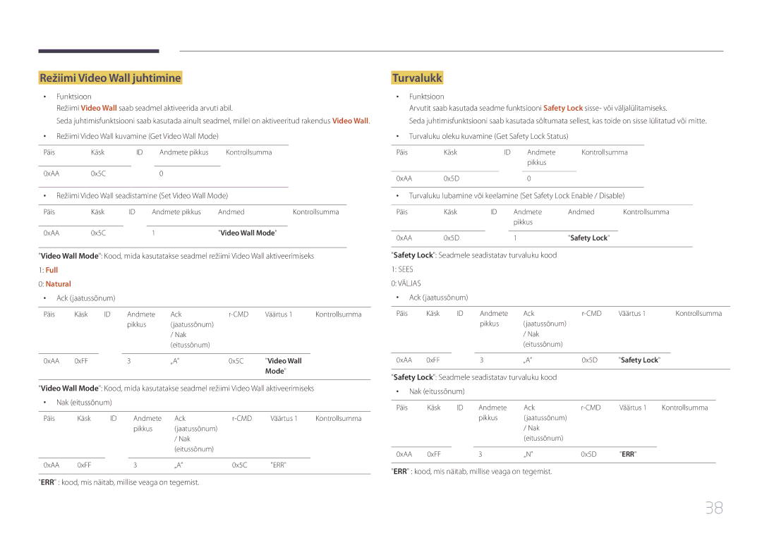Samsung LH55UECPLGC/EN manual Režiimi Video Wall juhtimine, Turvalukk, Full Natural 