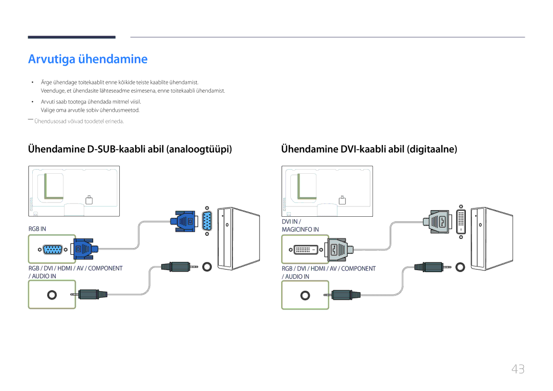 Samsung LH55UECPLGC/EN manual Arvutiga ühendamine, Ühendamine D-SUB-kaabli abil analoogtüüpi 