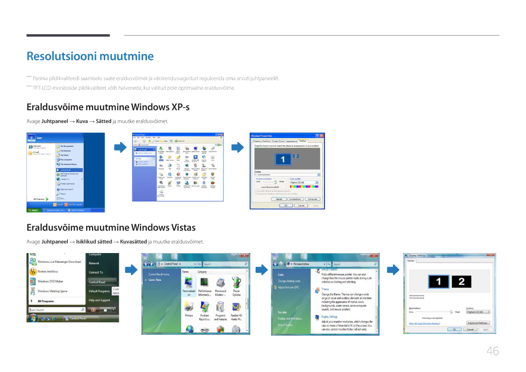 Samsung LH55UECPLGC/EN Resolutsiooni muutmine, Eraldusvõime muutmine Windows XP-s, Eraldusvõime muutmine Windows Vistas 