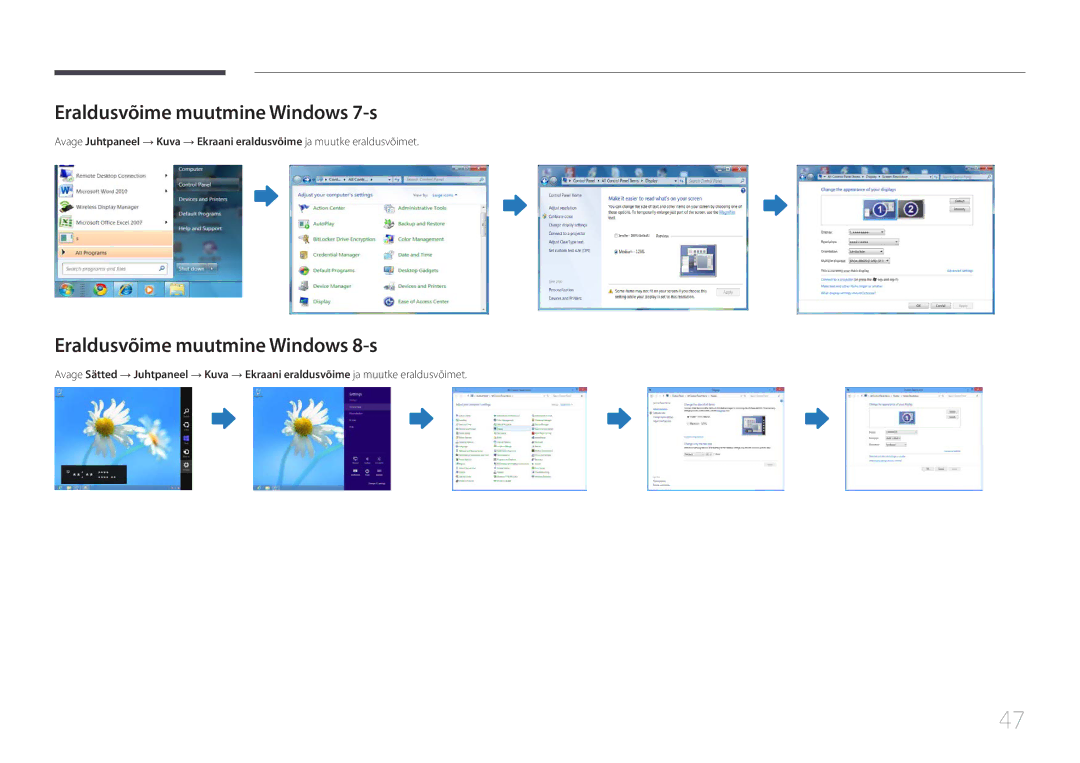 Samsung LH55UECPLGC/EN manual Eraldusvõime muutmine Windows 7-s, Eraldusvõime muutmine Windows 8-s 