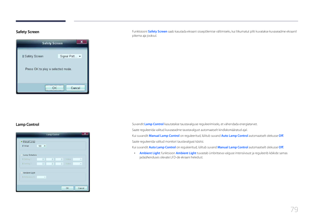Samsung LH55UECPLGC/EN manual Safety Screen Lamp Control 