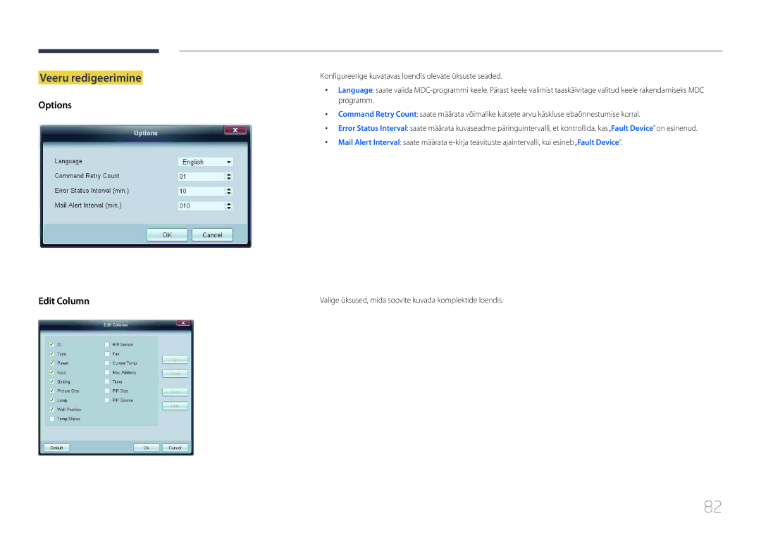 Samsung LH55UECPLGC/EN manual Veeru redigeerimine, Options Edit Column 