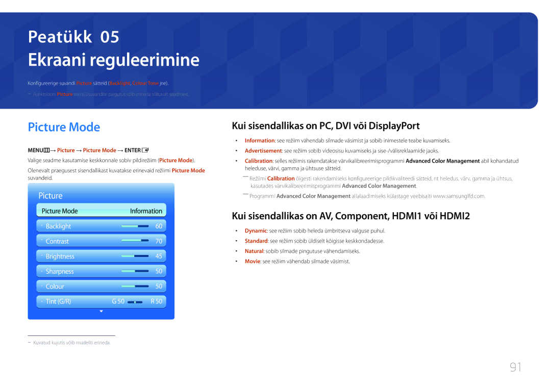 Samsung LH55UECPLGC/EN manual Ekraani reguleerimine, Picture Mode, Kui sisendallikas on PC, DVI või DisplayPort 