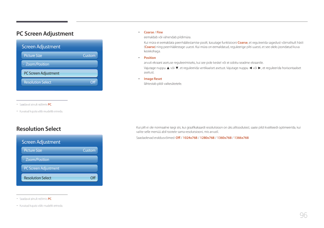 Samsung LH55UECPLGC/EN manual PC Screen Adjustment, Resolution Select, Coarse / Fine, Position, Image Reset 