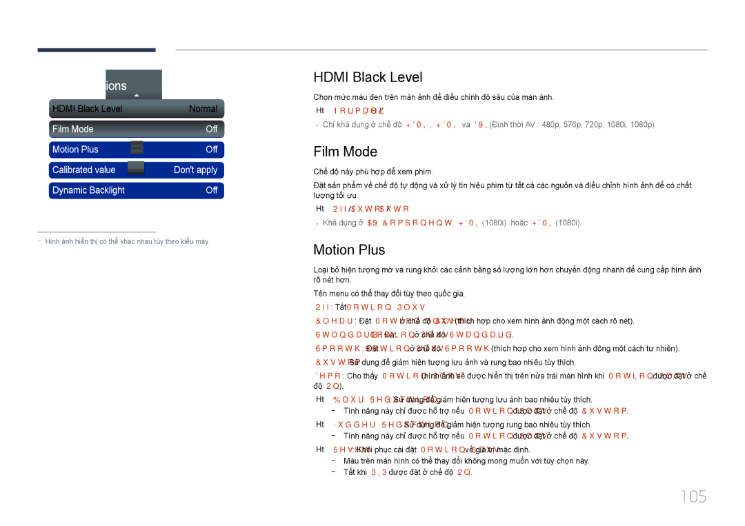 Samsung LH46UECPLGC/XY, LH55UECPLGC/XY manual 105, Hdmi Black Level, Film Mode, Motion Plus 