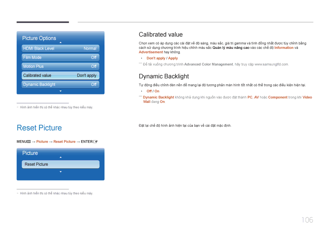 Samsung LH55UECPLGC/XY, LH46UECPLGC/XY manual Reset Picture, 106, Calibrated value, Dynamic Backlight 