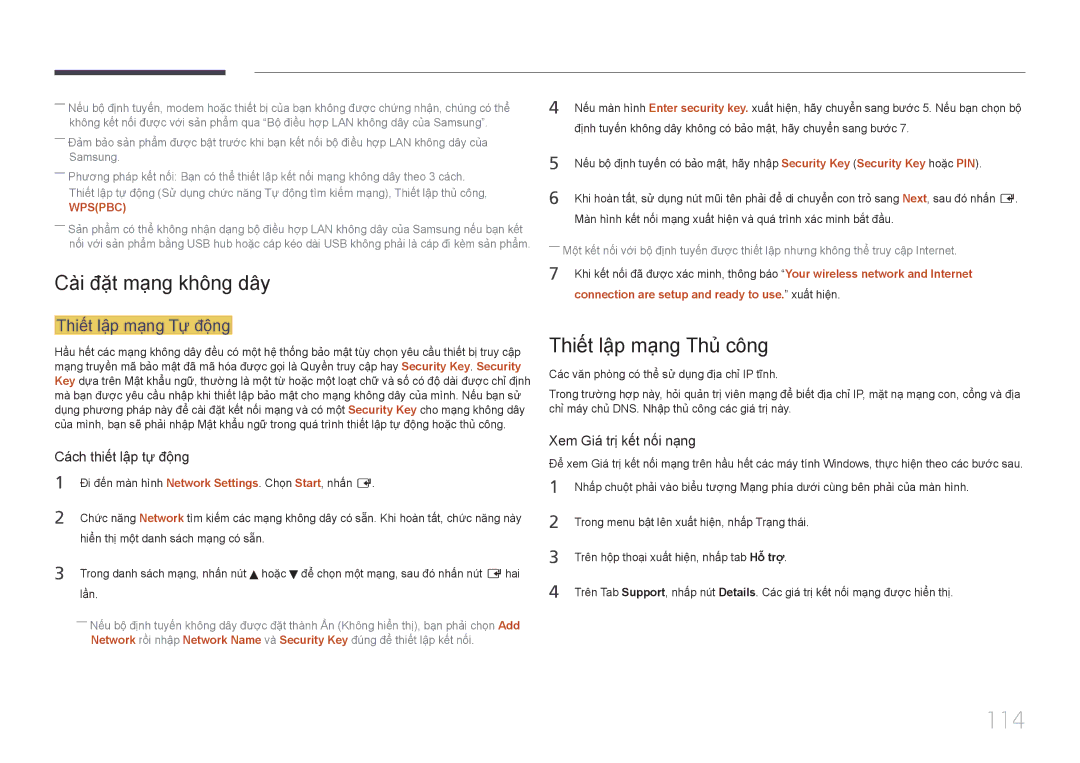 Samsung LH55UECPLGC/XY manual 114, Cài đặt mạng không dây, Thiết lập mạng Thủ công, Thiết lập mạng Tự động 