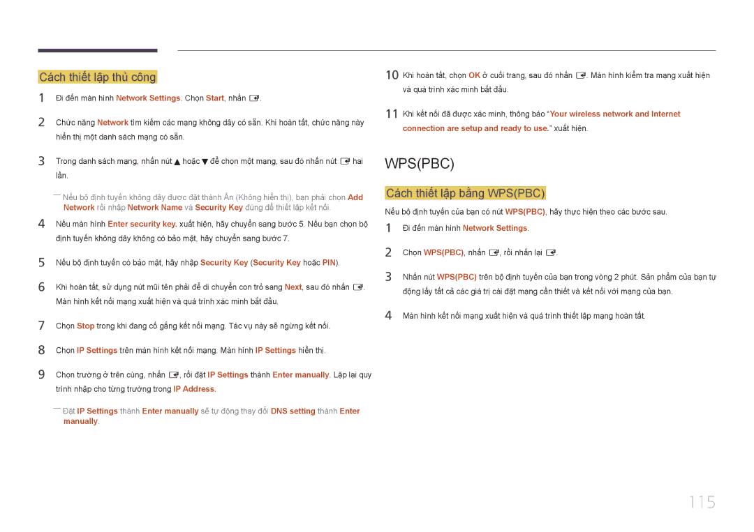 Samsung LH46UECPLGC/XY, LH55UECPLGC/XY manual 115, Cách thiết lập thủ công, Cách thiết lập bằng Wpspbc 