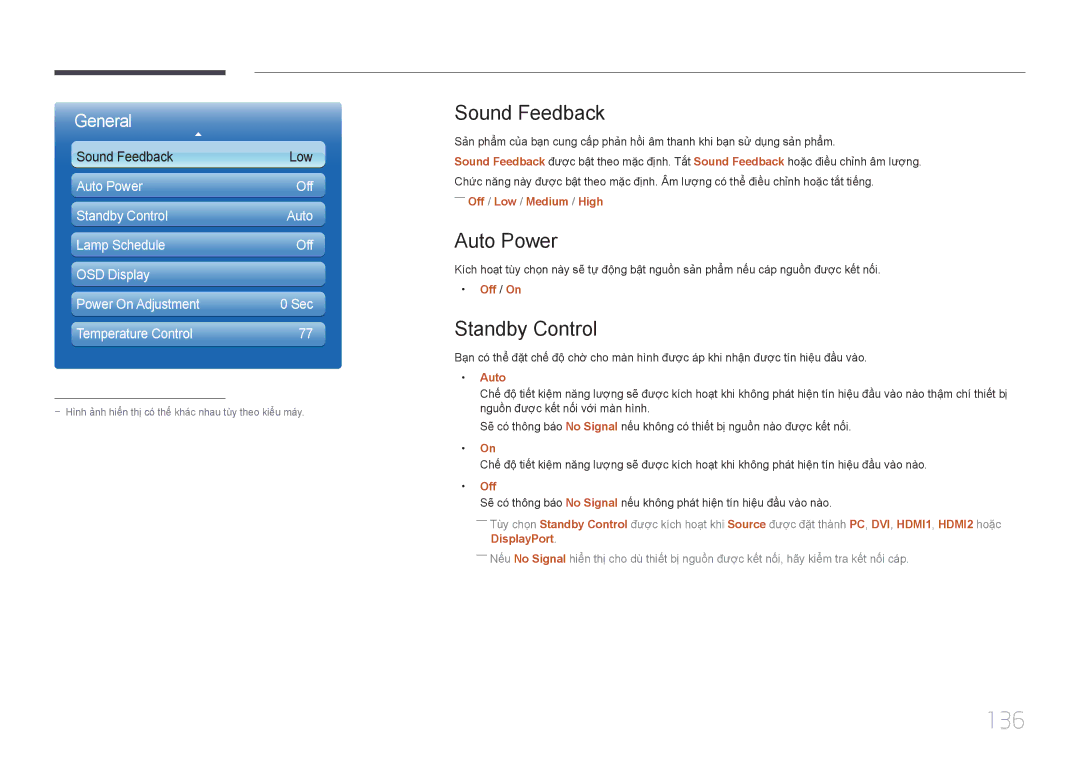 Samsung LH55UECPLGC/XY, LH46UECPLGC/XY manual 136, Sound Feedback, Auto Power, Standby Control 