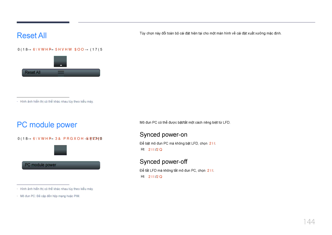 Samsung LH55UECPLGC/XY, LH46UECPLGC/XY manual Reset All, PC module power, 144, Synced power-on, Synced power-off 