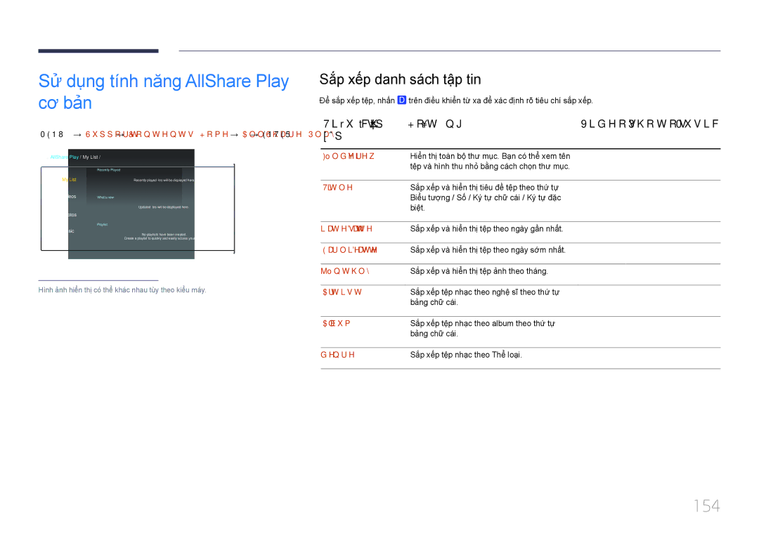 Samsung LH55UECPLGC/XY, LH46UECPLGC/XY manual Sư dung tính năng AllShare Play cơ bản, 154, Sắp xếp danh sách tập tin 