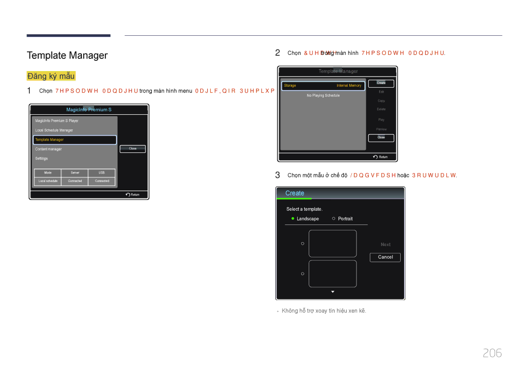 Samsung LH55UECPLGC/XY, LH46UECPLGC/XY manual 206, Đăng ký mâu, Chọn Create trong màn hình Template Manager 