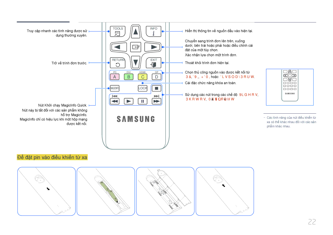 Samsung LH55UECPLGC/XY manual Để̉ đặ̣t pin và̀o điề̀u khiể̉n từ̀ xa, Dụng thườ̀ng xuyên, PC, DVI, Hdmi hoặc DisplayPort 