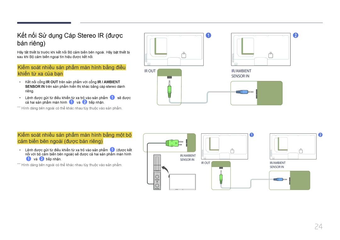 Samsung LH55UECPLGC/XY, LH46UECPLGC/XY manual Kết nối Sư dung Cáp Stereo IR được bán riêng, Và 2 tiếp nhận 