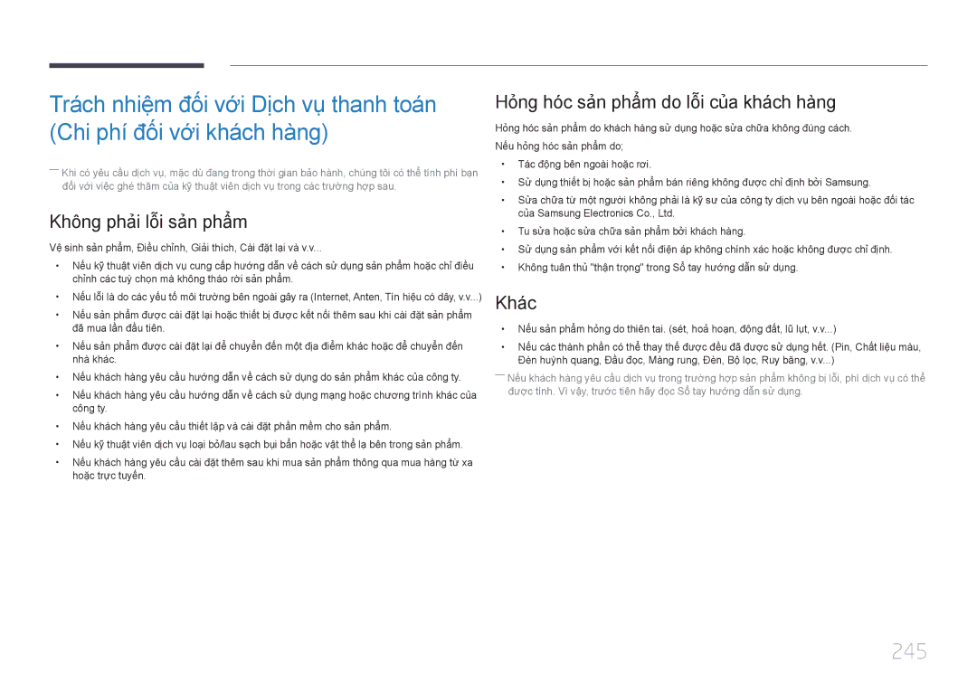 Samsung LH46UECPLGC/XY manual 245, Không phải lỗi sản phẩm, Hỏng hóc sản phẩm do lỗi của khách hàng, Khác 