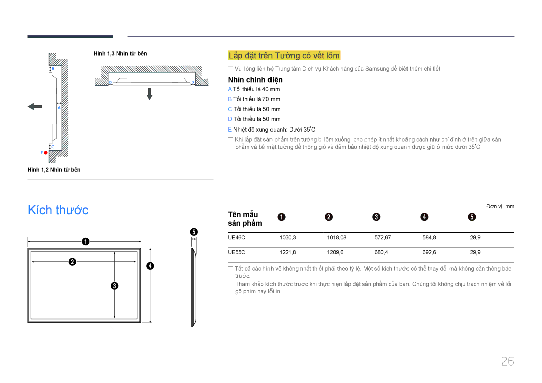 Samsung LH55UECPLGC/XY manual Kích thươc, Lắ́p đặ̣t trên Tườ̀ng có́ vế́t lõm, Nhìn chính diện, Tên mẫu Sản phẩm 