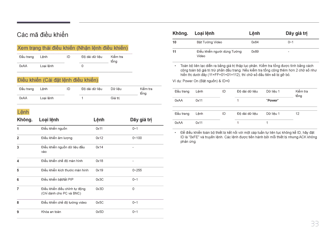 Samsung LH46UECPLGC/XY manual Cá́c mã̃ điề̀u khiể̉n, Xem trạ̣ng thá́i điề̀u khiể̉n Nhậ̣n lệ̣nh điề̀u khiể̉n, Lệnh 