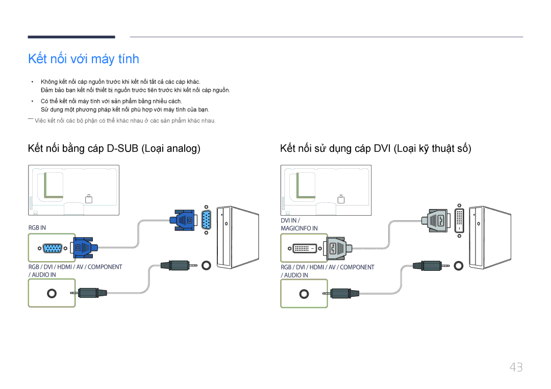 Samsung LH46UECPLGC/XY, LH55UECPLGC/XY manual Kết nối vơi máy tính, Kết nối bằng cáp D-SUB Loại analog 