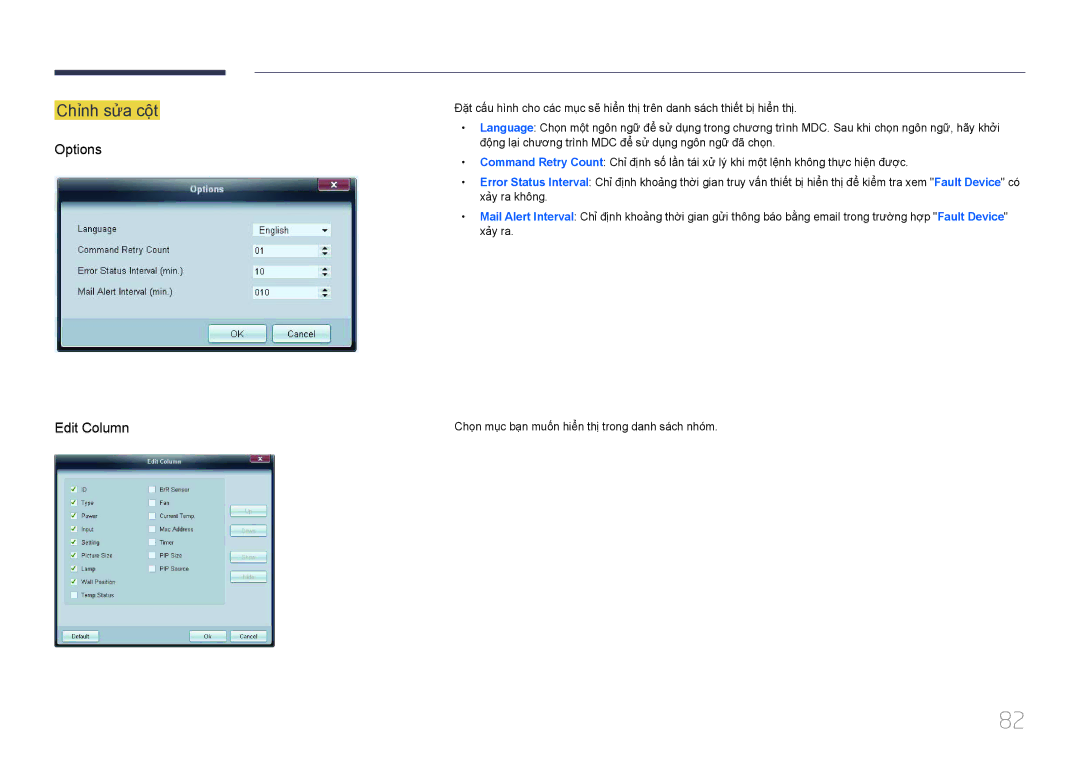 Samsung LH55UECPLGC/XY, LH46UECPLGC/XY manual Chỉnh sưa cột, Options Edit Column 