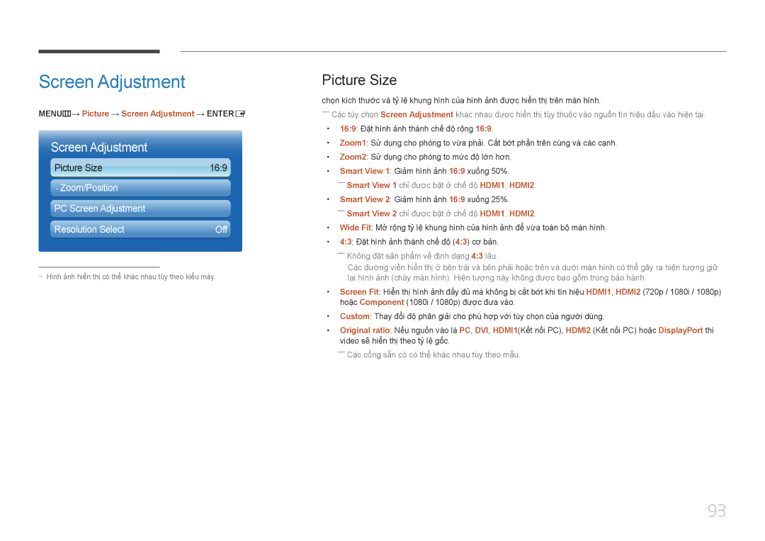 Samsung LH46UECPLGC/XY, LH55UECPLGC/XY manual Picture Size, MENUm→ Picture → Screen Adjustment → Entere 