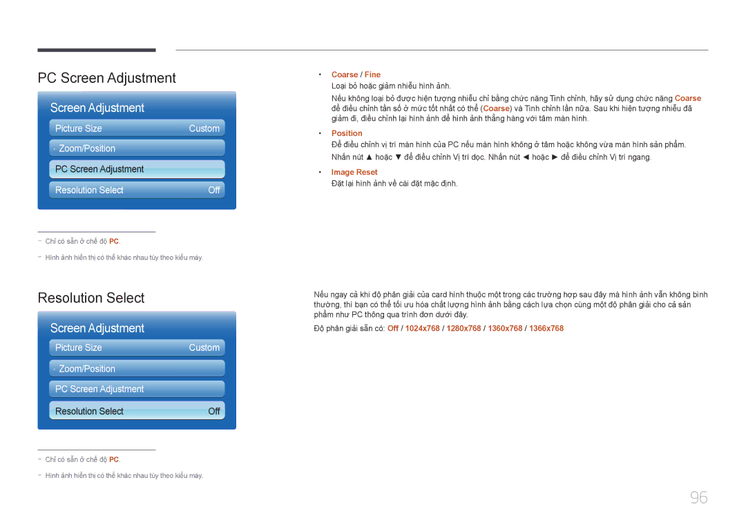 Samsung LH55UECPLGC/XY, LH46UECPLGC/XY manual PC Screen Adjustment, Resolution Select 