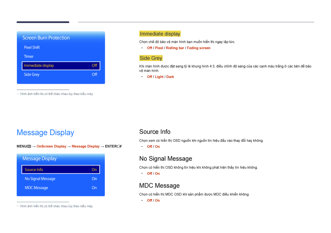 Samsung LH46UEDPLGC/XV, LH55UEDPLGC/XY, LH46UEDPLGC/XY manual Message Display, Source Info, No Signal Message, MDC Message 