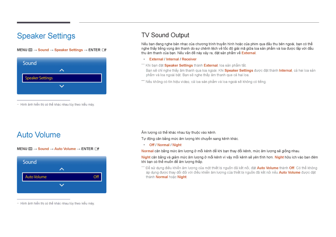 Samsung LH55UEDPLGC/XV, LH55UEDPLGC/XY, LH46UEDPLGC/XV, LH46UEDPLGC/XY manual Speaker Settings, Auto Volume, TV Sound Output 