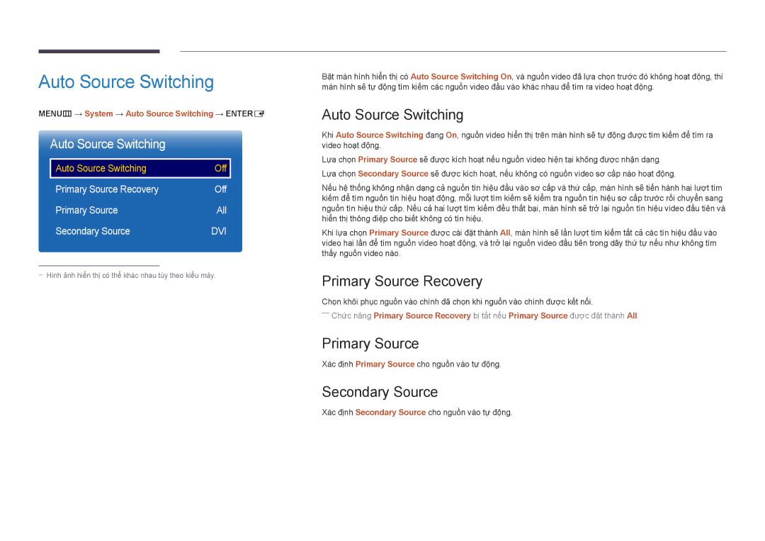 Samsung LH46UEDPLGC/XV, LH55UEDPLGC/XY, LH46UEDPLGC/XY Auto Source Switching, Primary Source Recovery, Secondary Source 