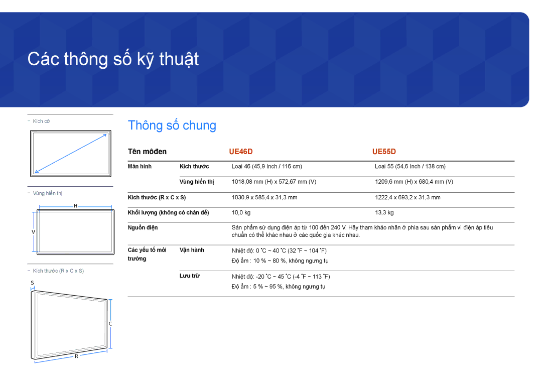 Samsung LH55UEDPLGC/XV, LH55UEDPLGC/XY, LH46UEDPLGC/XV, LH46UEDPLGC/XY Các thông số kỹ thuật, Thông sô chung, Tên môđen 