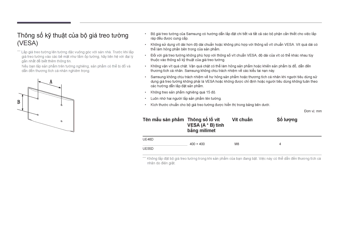 Samsung LH46UEDPLGC/XV, LH55UEDPLGC/XY, LH46UEDPLGC/XY, LH55UEDPLGC/XV Thông sô kỹ thuật của bô giá treo tường Vesa 