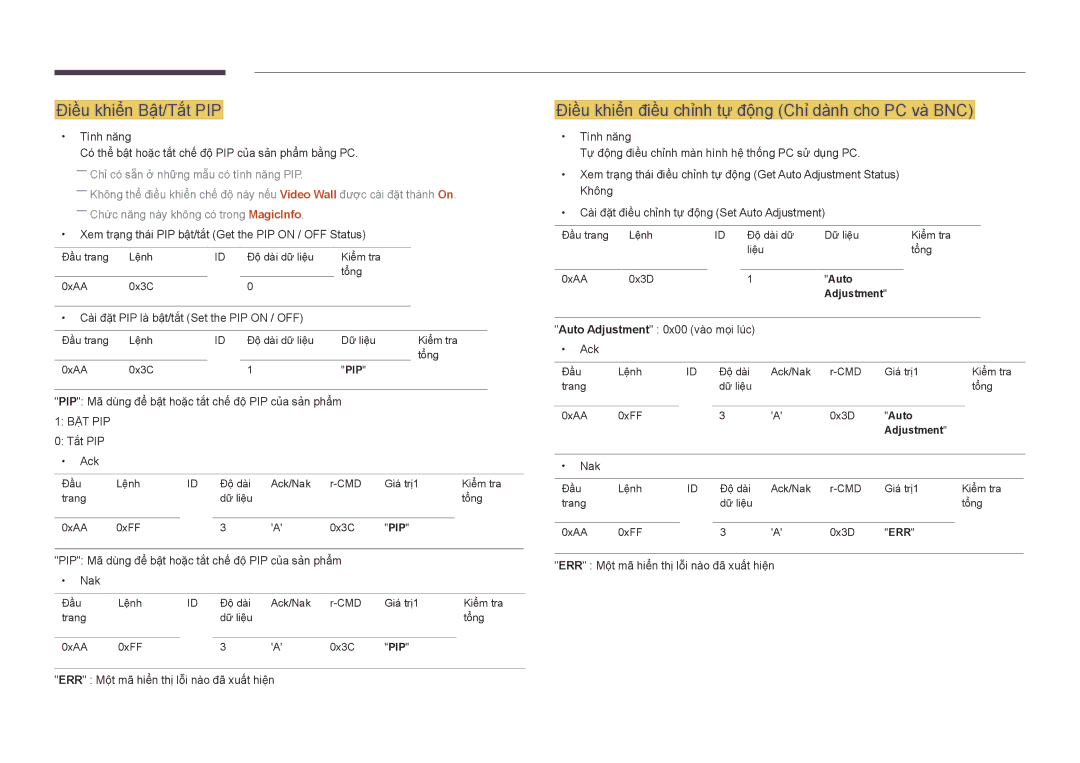 Samsung LH55UEDPLGC/XV, LH55UEDPLGC/XY Điề̀u khiể̉n Bật/Tắt PIP, Điều khiển điều chinh tự đông Chi danh cho PC và BNC 