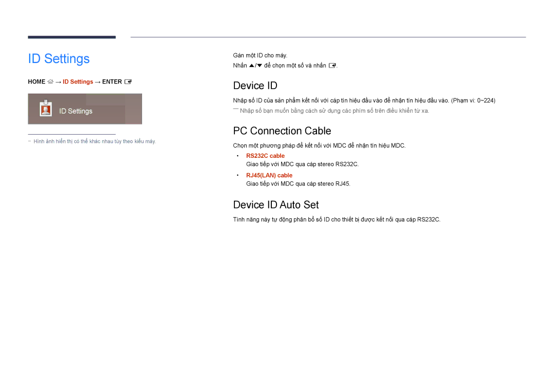 Samsung LH46UEDPLGC/XV, LH55UEDPLGC/XY, LH46UEDPLGC/XY manual ID Settings, PC Connection Cable, Device ID Auto Set 